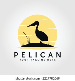 pelican bird logo vintage with sun background vector illustration design