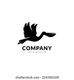 pelican bird logo vintage with sun background vector illustration design