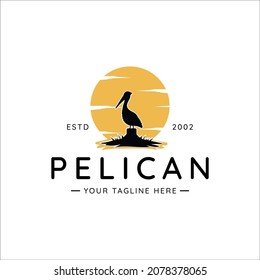 pelican bird logo vintage vector illustration template icon graphic design. silhouette of animal with background sunset at river