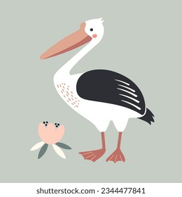 Pelican bird with lotus flower illustration in flat style.