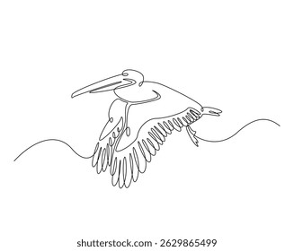 Pelican bird outline drawing illustration. one continuous line drawing of Wild Pelicans.