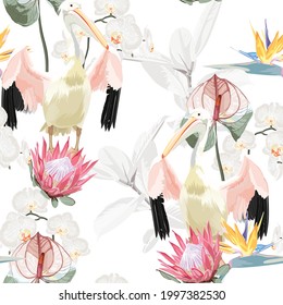 Pelican bird  with palm leaves and exotic flowers floral seamless pattern on white background. Exotic jungle bird wallpaper.