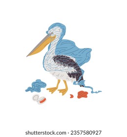 Pelican bird in plastic bag flat style, vector illustration isolated on white background. Decorative design element, ecology problem concept, Sean and ocean pollution