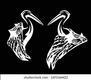 pelican bird profile head and wing - white animal against black background vector outline