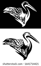 pelican bird with raised wing side view portrait - profile animal black and white vector outline set