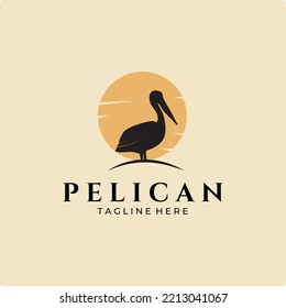 Pelican Bird Silhouette Logo Vintage With Sun Background Vector Illustration Design