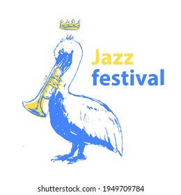 Pelikane mit Trompetenbeak, Jazz Festival Concept Illustration, flache Vektorkunst, Musik-Emblem-Idee