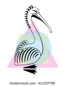 Pelican bird, vector illustration, black and white, hand drawn, line design