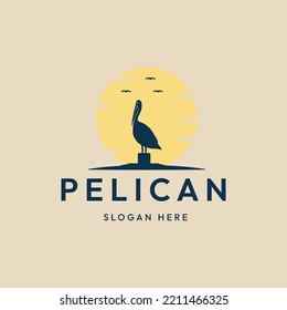 pelican bird vintage logo and symbol ,with sun vector illustration design