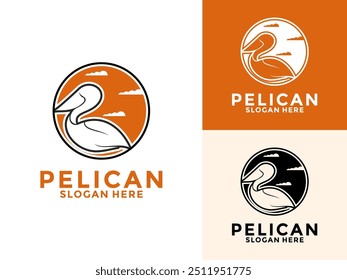 Logotipo vintage de pássaro pelicano e símbolo com design de ilustração de vetor de sol, modelo de design de logotipo pelicano