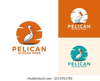 Logotipo vintage de pássaro pelicano e símbolo com design de ilustração de vetor de sol, modelo de design de logotipo pelicano