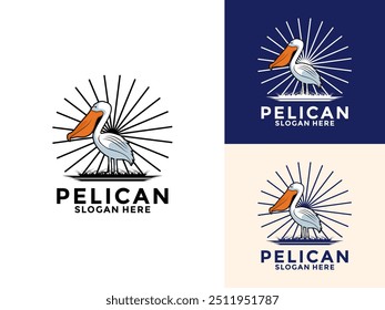 Logotipo vintage de pássaro pelicano e símbolo com design de ilustração de vetor de sol, modelo de design de logotipo pelicano