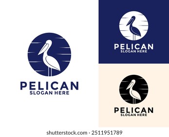 Logotipo vintage de pássaro pelicano e símbolo com design de ilustração de vetor de sol, modelo de design de logotipo pelicano