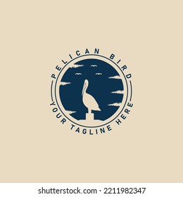 pelican bird vintage logo ,with emblem and sun vector illustration design