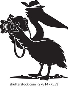 Pelican bird wearing fedora hat holding camera vector illustration