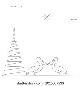 Pelican birds near christmas tree line drawing vector illustration