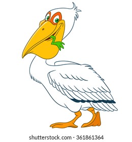 Pelican. Cartoon character isolated on white background. Colorful design for kids activity book, coloring page, colouring picture. Vector illustration for children.