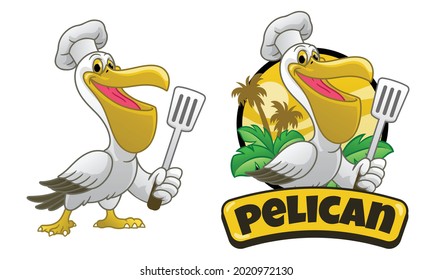 Pelican cartoon chef holding the spatula