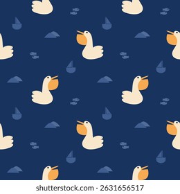 Pelican cartoon so cute. On sailboat fish blue background. Pattern seamless vector illustration