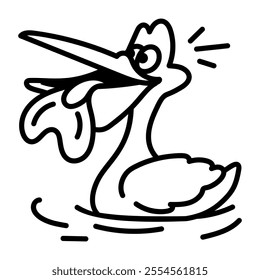 Pelican character eating fish from water, hand drawn icon 

