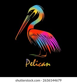 Pelican colored object on black background . hand drawing. Not AI, Vector illustration.