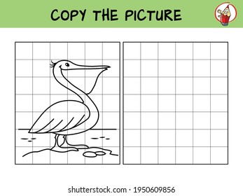 Pelican. Copy the picture. Coloring book. Educational game for children. Cartoon vector illustration