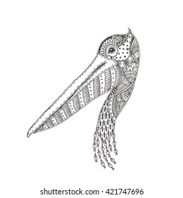 Pelican with ethnic floral doodle pattern. Coloring page - zendala, design for meditation for adults, vector illustration, isolated on a white background. Zen doodles.