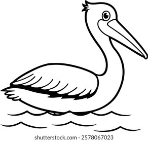 A pelican with an extended beak, floating on water.