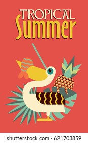 Pelican with fish in beak. Tropical summer vector illustration. Tropical plants and fruits.