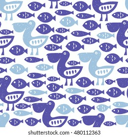 Pelican and fish seamless pattern. Surface decoration for kid design.Vector illustration. Cloth background, wallpaper, wrapping.