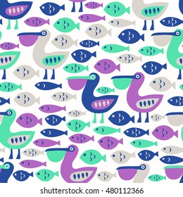 Pelican and fish seamless pattern. Surface decoration for kid design.Vector illustration. Cloth background, wallpaper, wrapping.