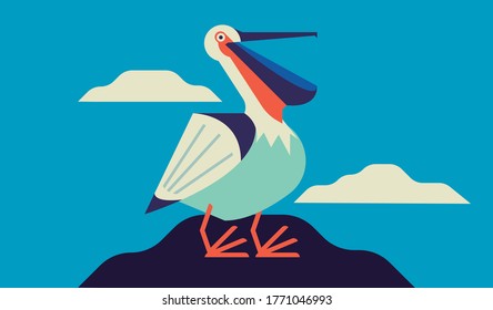 Pelican flat design illustration with sky and blue color palette