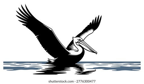 a pelican flying low over the water with wings spread