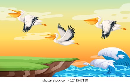 Pelican flying on the sky illustration