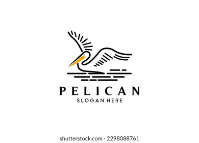 Pelican flying over water logo design vector illustration in creative line art style