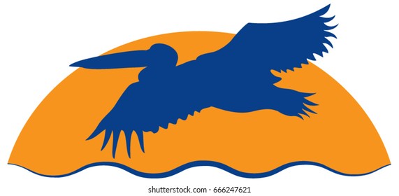 Pelican flying over water at sunset vector illustration