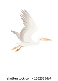 Pelican Genus Large Water Bird Cartoon Animal Design Big White Bird Flying With Orange Beak Flat Vector Illustration Isolated On White Background