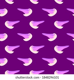 Pelican head, seamless pattern on purple background.