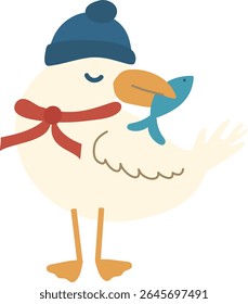 Pelican holding a fish in its beak, illustrated in a fun and playful cartoon style. The bird is dressed in a red scarf and winter hat, adding a cozy seasonal touch