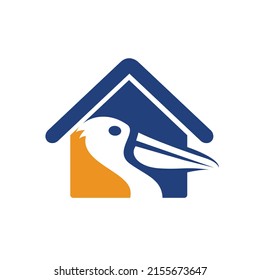 Pelican home vector logo design. Vector illustration emblem of pelican Animal and house Icon.