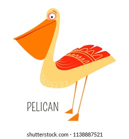 Pelican with huge beak childish cartoon character