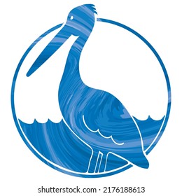 Pelican icon in blue toned swirling colors. Side view of a Pelican standing with ocean waves behind inside a circle isolated on a white background. Waterbird logo