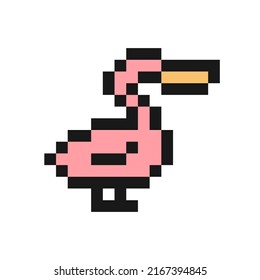 Pelican icon in pixel art design isolated on white background, bird vector sign symbol