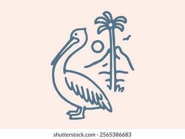 Pelican illustration on the beach with view