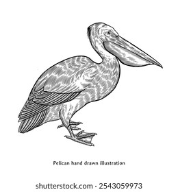 Ilustração de Pelican. Ilustração de pelicano vintage desenhado à mão. Desenho pelicano