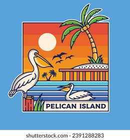 Pelican island vintage vektor. paradise beach for clothing brand