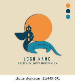 pelican lighthouse and sea logo template