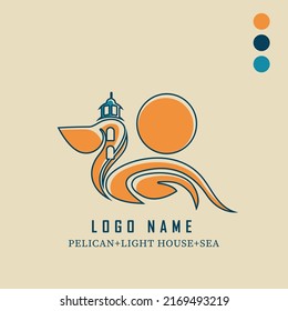 pelican lighthouse and sea logo template