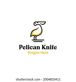 Pelican logo design combined with knife. Bird with big mouth pouch. nature bird. logo in flat and minimalist style