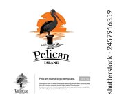 Pelican logo template with a pelican bird standing in the wood with a sunset background, that suitable for your resosrt logo.